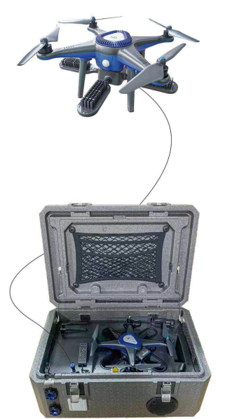 Sistema portátil de dron con cable para iluminación y difusión